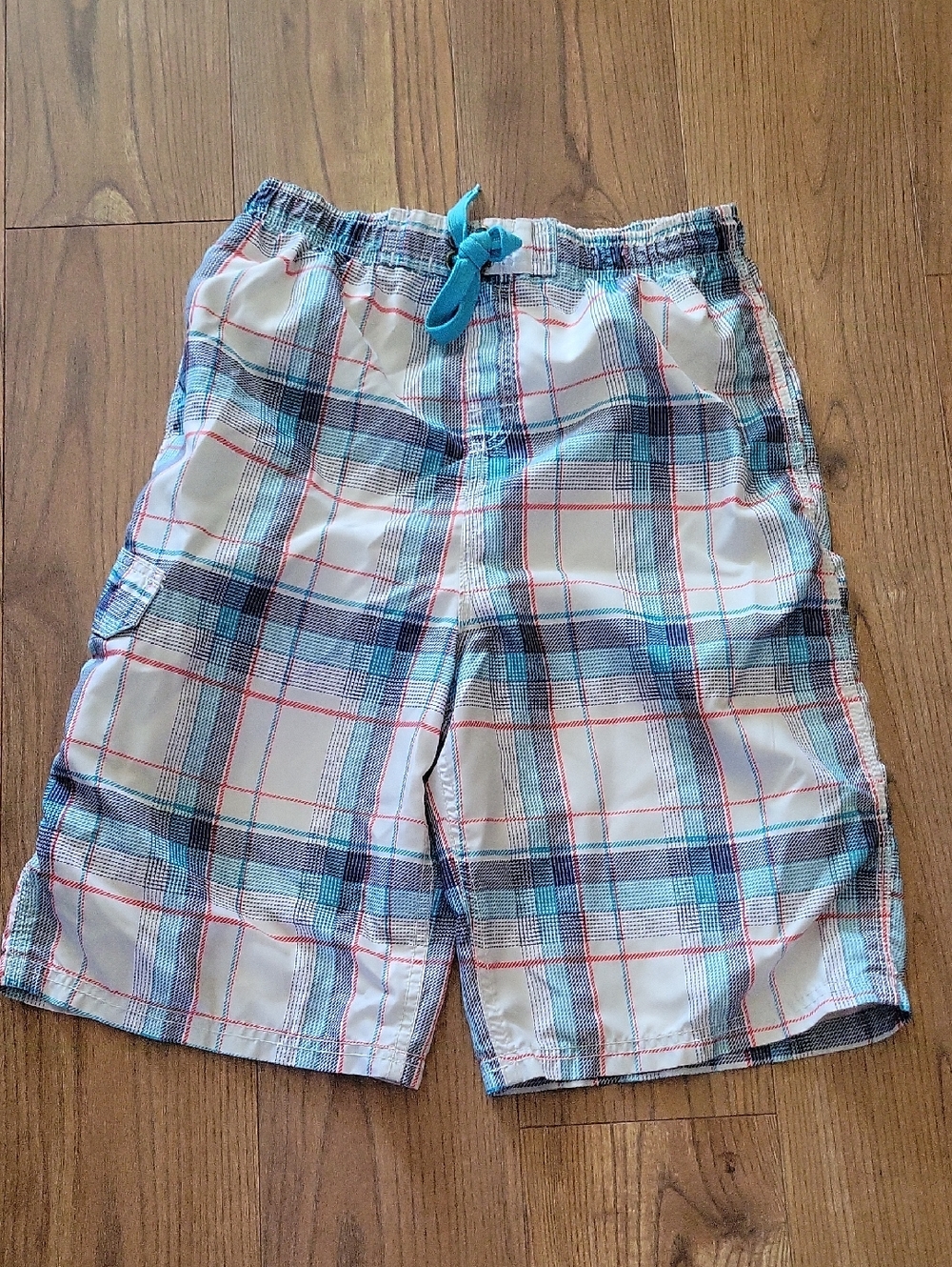 Kanu Surf White Plaid Swim Trunks with Blue and Red Accents